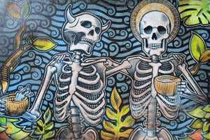 Sinner & The Saint Skeleton Drinking in Forest Painted Screen Print 16 x 24 inches