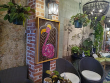 Load image into Gallery viewer, Vibrant Pink Flamingo Wood Carving with Art Deco Miami Cathedral & Oak Frame