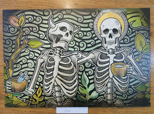 Load image into Gallery viewer, Sinner & The Saint Skeleton Drinking in Forest Painted Screen Print 16 x 24 inches