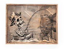 Load image into Gallery viewer, Skeleton Fishing Wood Carving – Unique Illustration - Wood Carving Wall Art