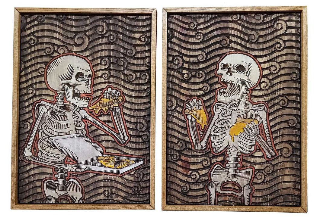 Carved and Painted Wood Illustration of Skeletons Eating Pizza - The After Party  - 24x32 inch - The Sinner & The Saint Oak Wood Frame