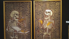 Load and play video in Gallery viewer, Carved and Painted Wood Illustration of Skeletons Eating Pizza - The After Party  - 24x32 inch - The Sinner &amp; The Saint Oak Wood Frame
