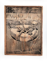 Load image into Gallery viewer, Skeleton in Lawn Chair Wood Carving Wall Art