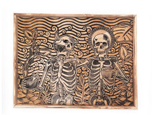 Load image into Gallery viewer, Sinner and Saint Skeletons Drinking in Forest Wood Carving – Unique Illustration - Wood Carving Wall Art