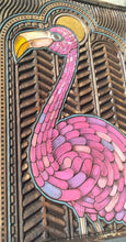 Load image into Gallery viewer, Vibrant Pink Flamingo Wood Carving with Art Deco Miami Cathedral & Oak Frame