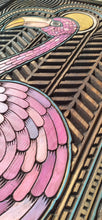 Load image into Gallery viewer, Vibrant Pink Flamingo Wood Carving with Art Deco Miami Cathedral & Oak Frame