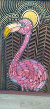 Load image into Gallery viewer, Vibrant Pink Flamingo Wood Carving with Art Deco Miami Cathedral & Oak Frame
