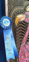 Load image into Gallery viewer, Vibrant Pink Flamingo Wood Carving with Art Deco Miami Cathedral & Oak Frame
