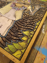 Load image into Gallery viewer, Tiki-Inspired Skeleton Ukulele Player Wood Carved and Painted Artwork, Framed in Oak - Dedicated to Don the Beachcomber"