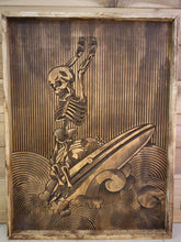 Load image into Gallery viewer, Surfing Skeleton Wood Carving Wall Art