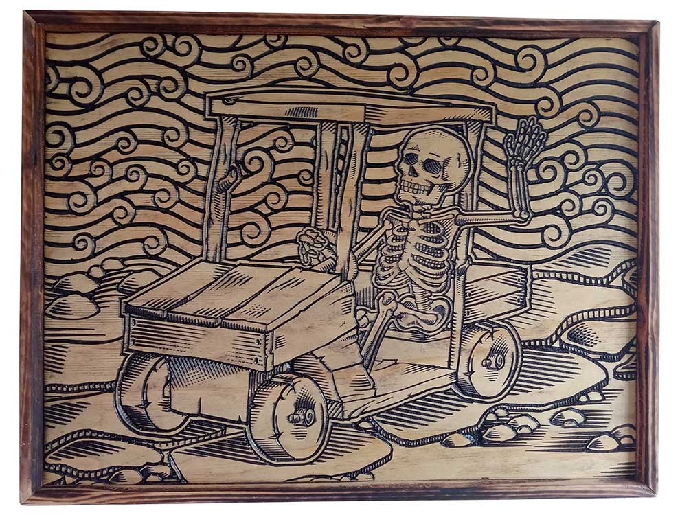 Skeleton Riding a Golf Cart - Wood Carving Wall Art