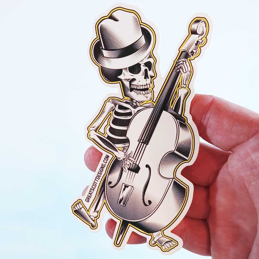 Skeleton Playing Upright Bass - Cello - Rockabilly Skull - Skeleton Sticker
