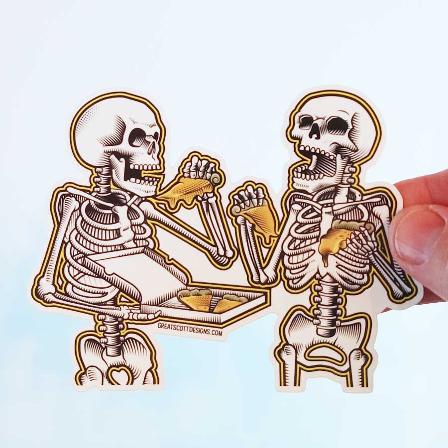 Skeletons Eating Pizza - Skeleton Sticker