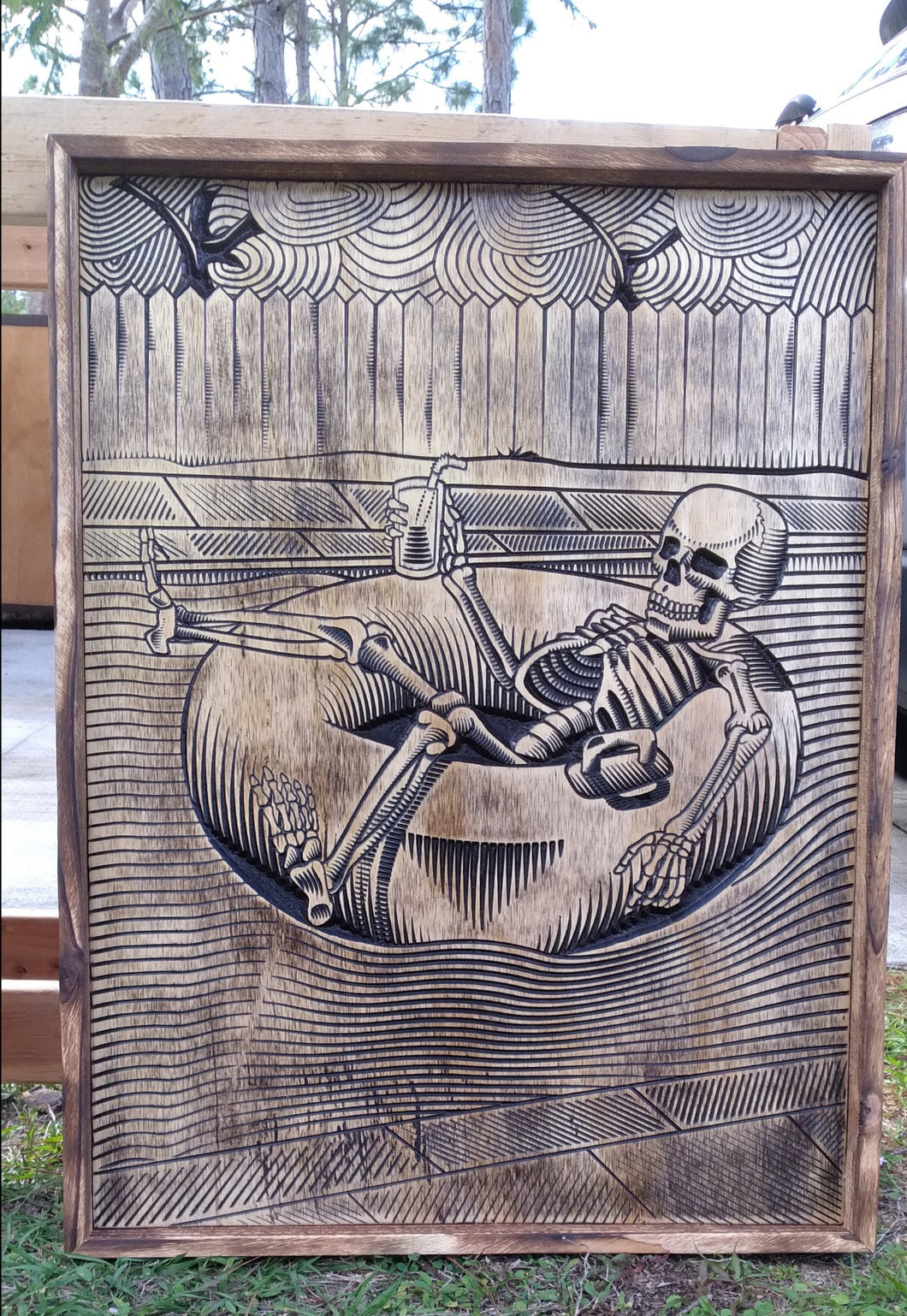 Raft Skeleton Wood Carving Wall Art