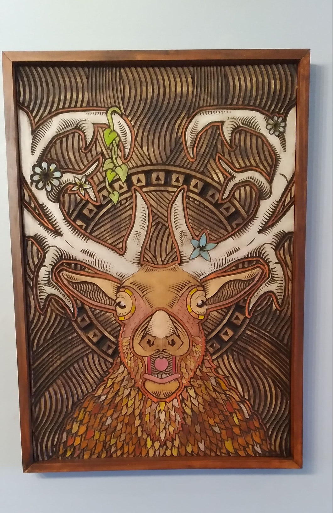 Carved Elk on Pine Wood - Unique Hanging Art Piece 24 x 32 inches