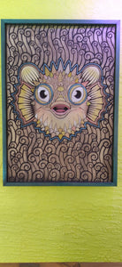 Puffer Fish Illustration - Bright and Fun Carved in Pine Wood - 24x32 inches