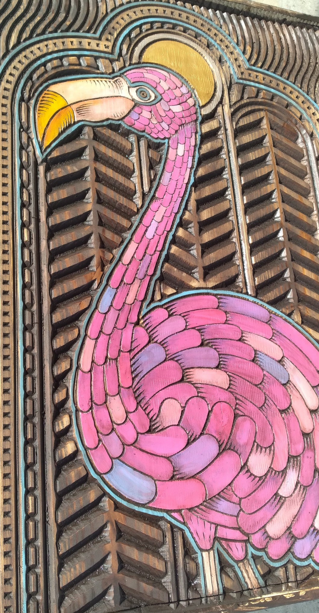 Vibrant Pink Flamingo Wood Carving with Art Deco Miami Cathedral & Oak Frame
