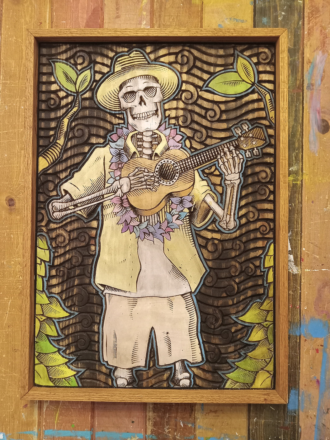 Tiki-Inspired Skeleton Ukulele Player Wood Carved and Painted Artwork, Framed in Oak - Dedicated to Don the Beachcomber