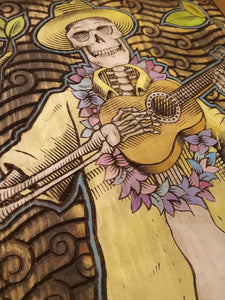 Tiki-Inspired Skeleton Ukulele Player Wood Carved and Painted Artwork, Framed in Oak - Dedicated to Don the Beachcomber"