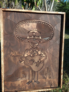 Mariachi Guitar Skeleton Wood Carving Wall Art