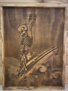 Surfing Skeleton Wood Carving Wall Art