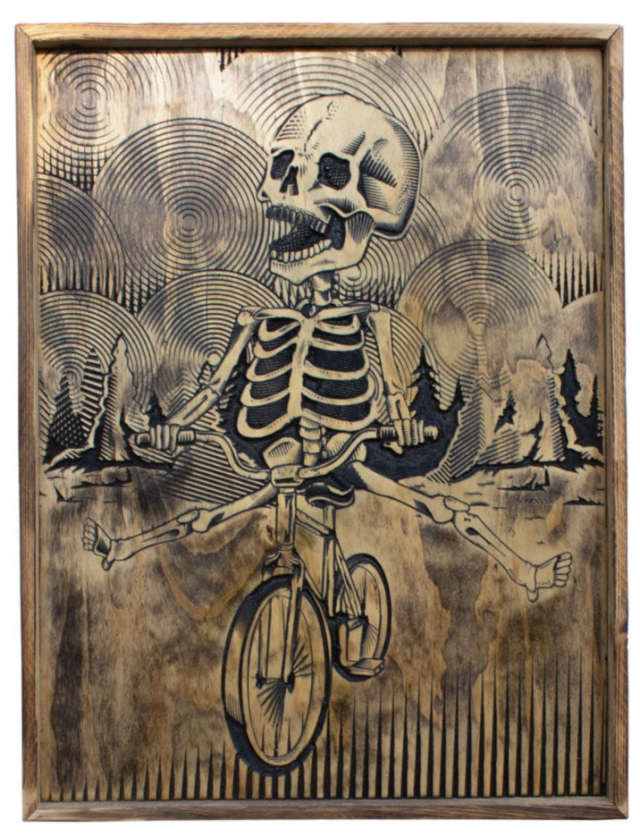 Bike Skeleton Wood Carving Wall Art