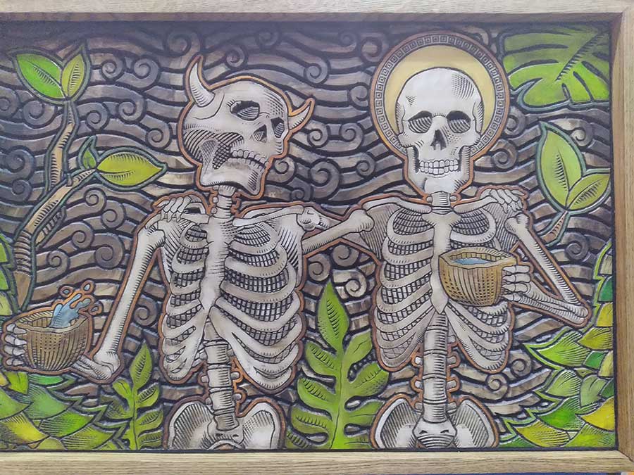 Carved and Painted Wood Illustration of Skeletons - Devil & Saint Friendship - 24x32 inch - The Sinner & The Saint Oak Wood Frame