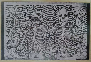 Skeletons Drinking in the Forest,  Wood Block Print - 11x17, Black Paper, White Ink, Relief Printing Technique