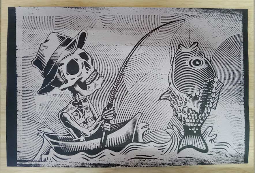 Skeleton Fishing Woodblock Print - Highly Detailed, Black Paper White Ink 11x17