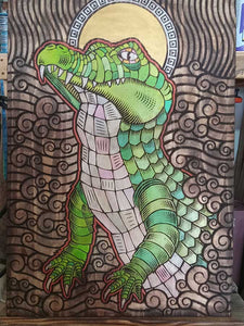 Mystical Alligator: Carved and Painted Pine Wood Illustration with Halo
