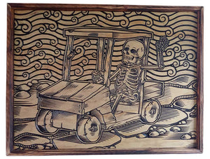 Skeleton Riding a Golf Cart - Wood Carving Wall Art