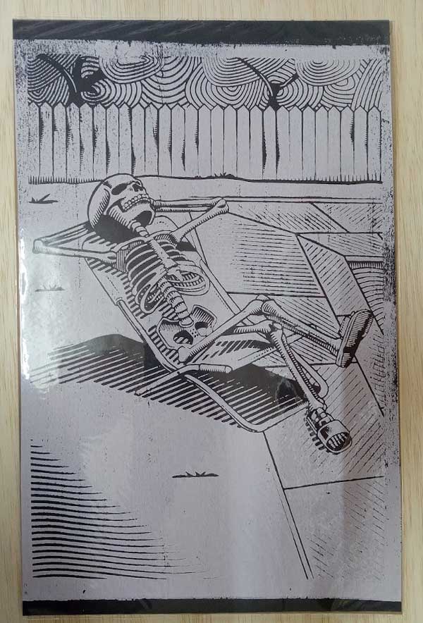 Skeleton Sunbathing Woodblock Print - 11x17 Black Paper with White Ink - Unique Home Decor