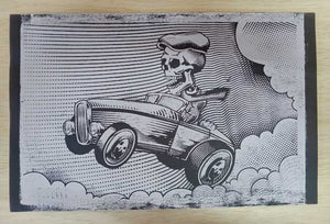 Racing to the Afterlife: Skeleton Hotrod Woodblock Print. 11 x 17