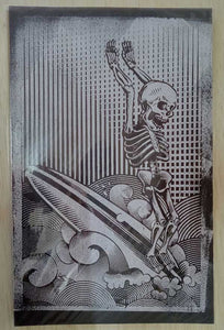 Skeleton Surfing Woodblock Print on Black Paper White Ink - 11x17